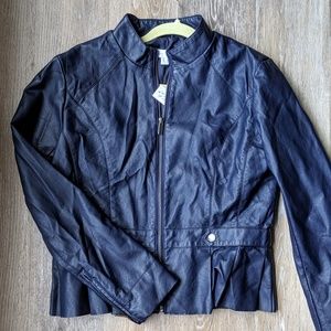 NWT NY&C Navy/Plum Faux Leather Zip Peplum Jacket